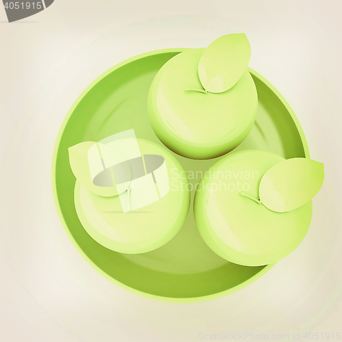 Image of apple in a plate on white. 3D illustration. Vintage style.