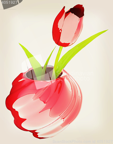 Image of Tulips with leaf in vase. 3D illustration. Vintage style.