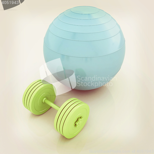 Image of Fitness ball and dumbell. 3D illustration. Vintage style.