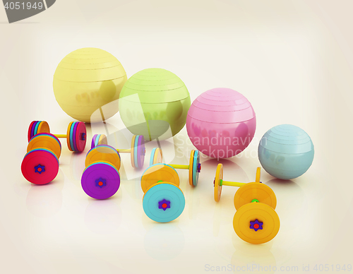 Image of Fitness ball and dumbell. 3D illustration. Vintage style.