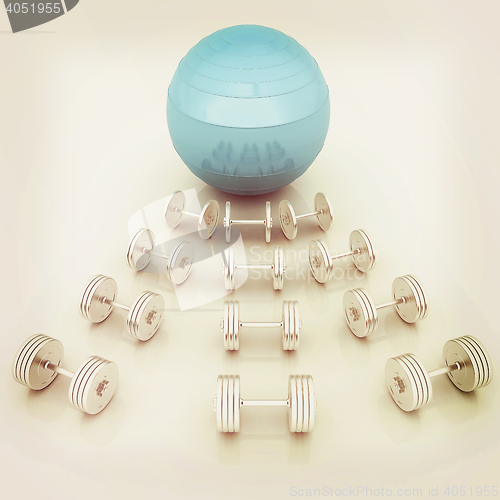 Image of Fitness ball and dumbell. 3D illustration. Vintage style.