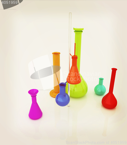 Image of Chemistry set, with test tubes, and beakers filled with colored 