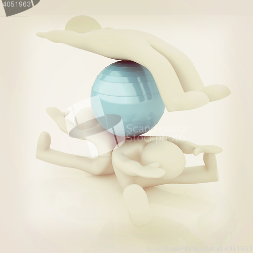 Image of 3d man exercising position on fitness ball. My biggest pilates s