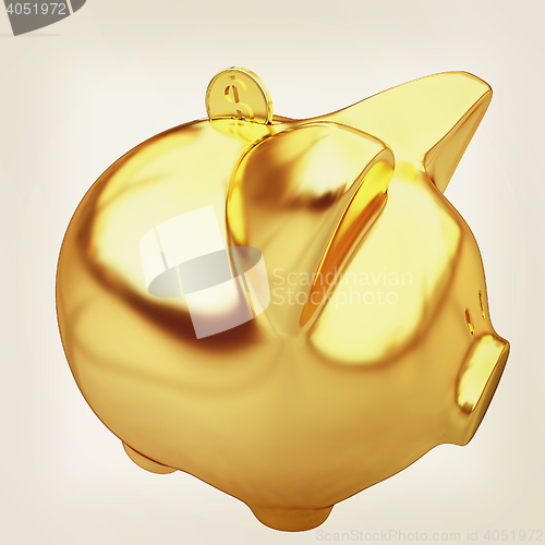 Image of gold coin with with the gold piggy bank . 3D illustration. Vinta