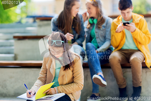 Image of student girl suffering of classmates mockery