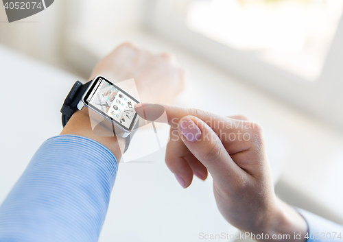 Image of close up of hands with online shop on smart watch