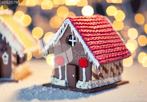 Image of closeup of beautiful gingerbread houses at home