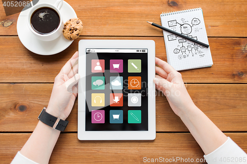 Image of close up of woman with tablet pc on wooden table