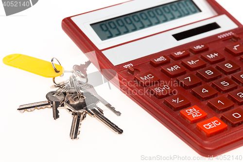 Image of The red calculator with a keys on a white background