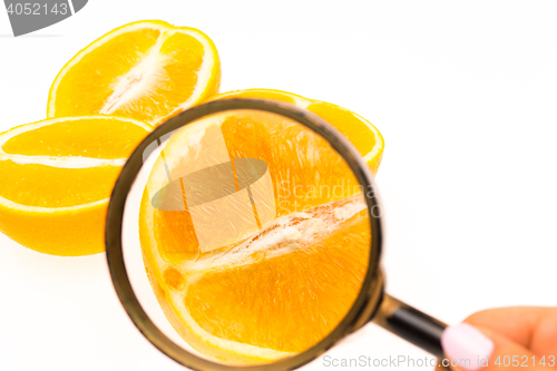 Image of Orange and a magnifying glass on  white background