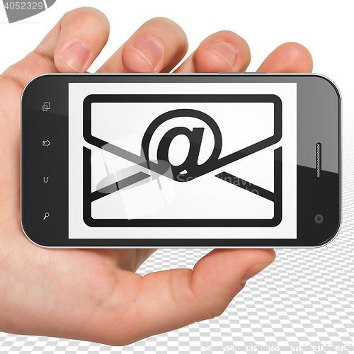 Image of Finance concept: Hand Holding Smartphone with Email on display