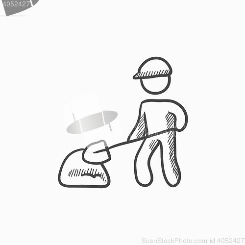 Image of Man with shovel and hill of sand sketch icon.