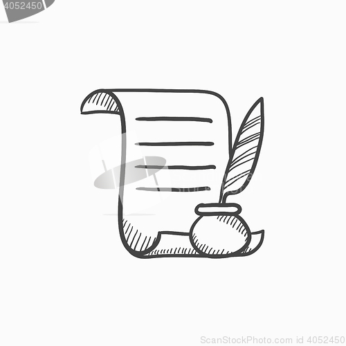 Image of Paper scroll with feather pen sketch icon.