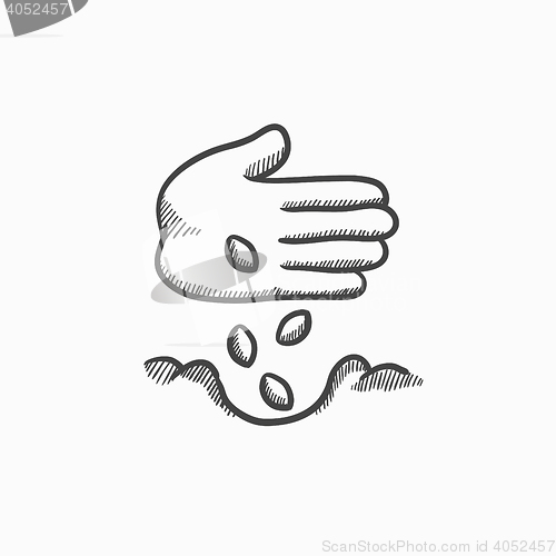 Image of Hand planting seeds in ground sketch icon.