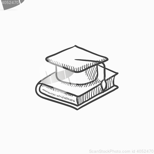 Image of Graduation cap laying on book sketch icon.