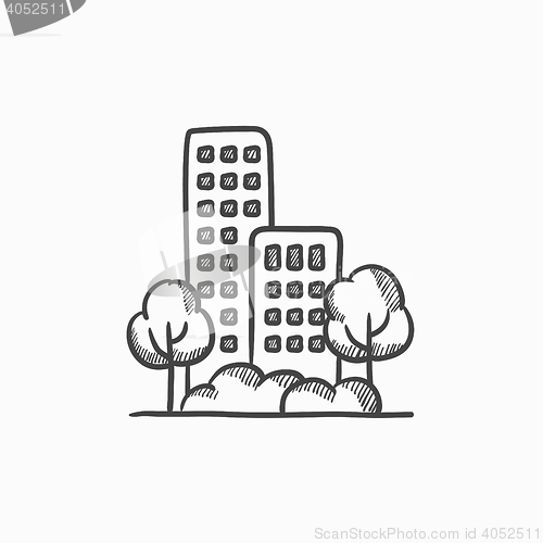 Image of Residential building with trees sketch icon.