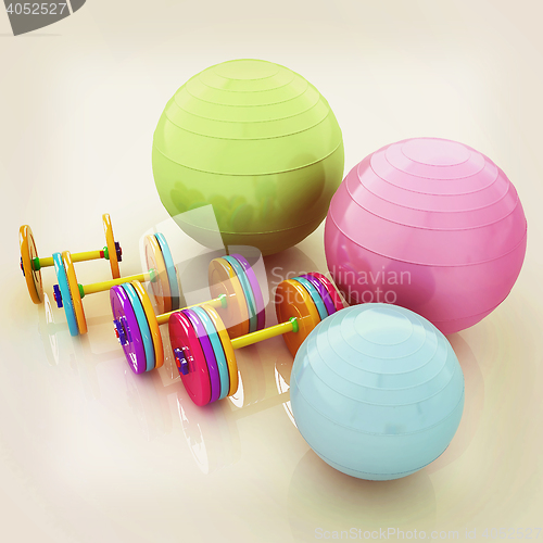 Image of Fitness ball and dumbell. 3D illustration. Vintage style.