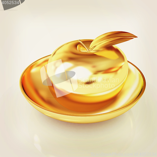 Image of Gold apple on a plate. 3D illustration. Vintage style.