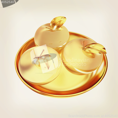 Image of Glass apple on a plate. 3D illustration. Vintage style.