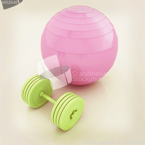 Image of Fitness ball and dumbell. 3D illustration. Vintage style.