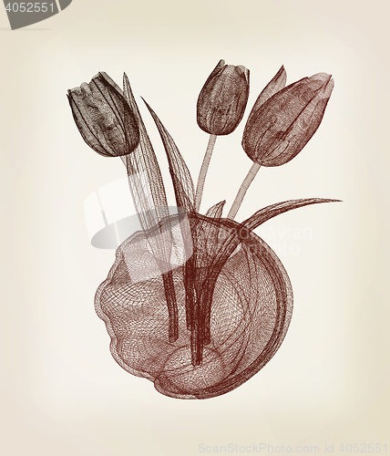 Image of Tulips with leaf in vase. 3D illustration. Vintage style.