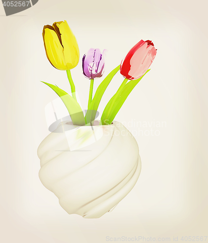 Image of Tulips with leaf in vase. 3D illustration. Vintage style.