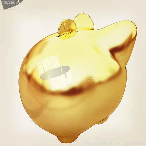 Image of gold coin with with the gold piggy bank . 3D illustration. Vinta