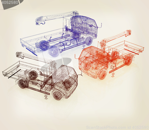 Image of 3d model truck. 3D illustration. Vintage style.