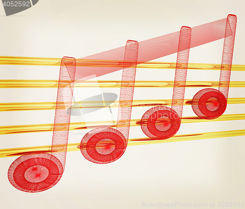 Image of 3D music note on staves. 3D illustration. Vintage style.