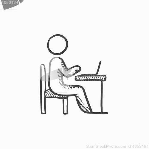 Image of Businessman working on laptop sketch icon.