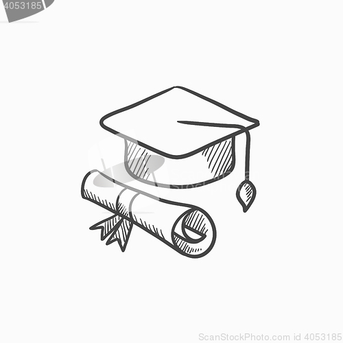 Image of Graduation cap with paper scroll sketch icon.