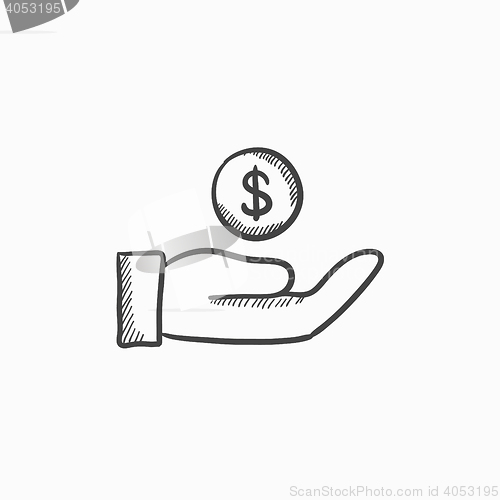 Image of Hand and one coin sketch icon.