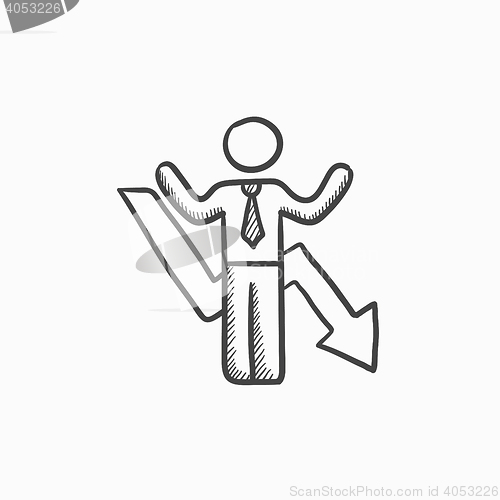 Image of Businessman with arrow down sketch icon.