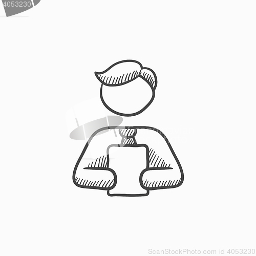 Image of Man holding digital tablet sketch icon.