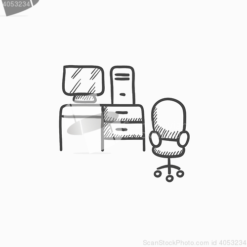 Image of Computer set with table and chair sketch icon.