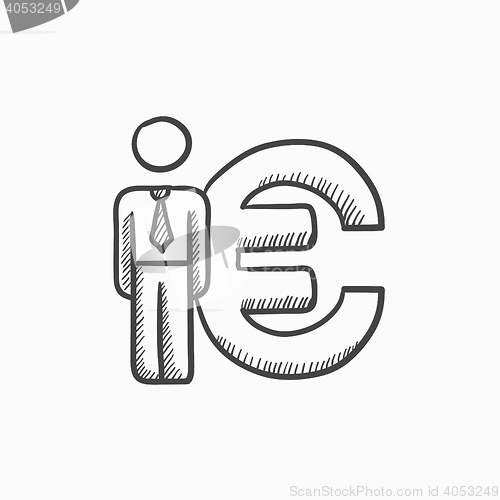 Image of Businessman stands near Euro symbol sketch icon.