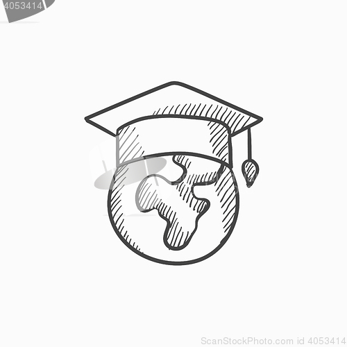 Image of Globe in graduation cap sketch icon.