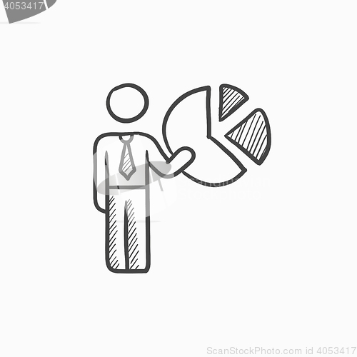 Image of Businessman pointing at the pie chart sketch icon.
