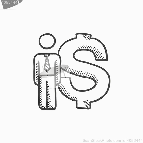 Image of Businessman stands near dollar symbol sketch icon.