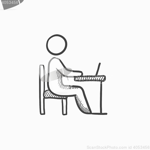 Image of Businessman working on laptop sketch icon.