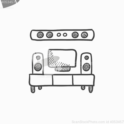 Image of TV flat screen and home theater sketch icon.