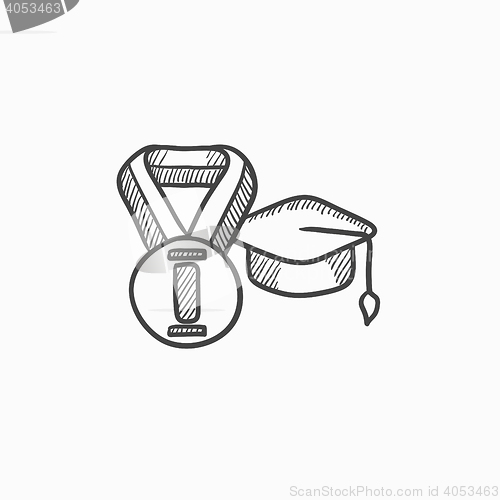 Image of Graduation cap with medal sketch icon.