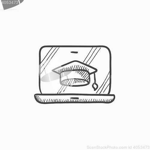 Image of Laptop with graduation cap on screen sketch icon.