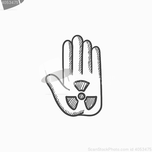 Image of Ionizing radiation sign on a palm sketch icon.