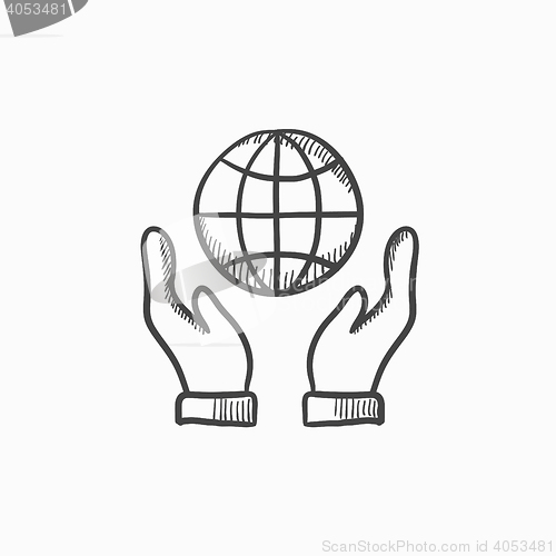 Image of Two hands holding globe sketch icon.