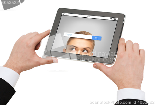 Image of close up of hands holding tablet pc with