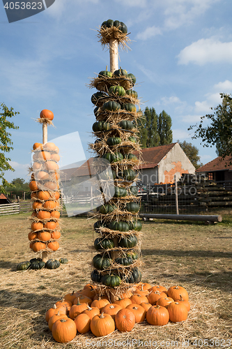 Image of Ripe autumn pumpkins arranged on totem