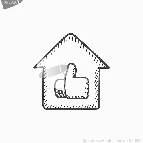 Image of Thumb up in house sketch icon.