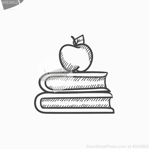 Image of Books and apple on top sketch icon.