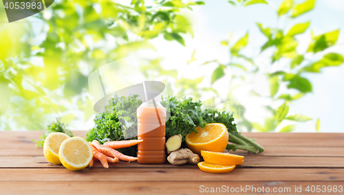 Image of bottle with carrot juice, fruits and vegetables